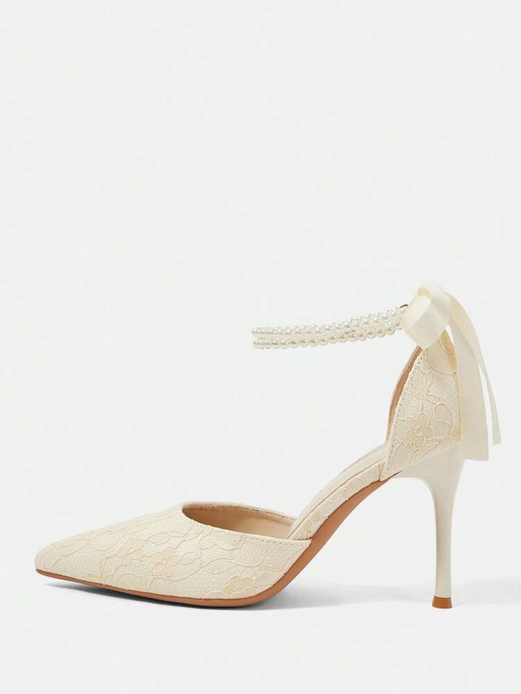 CUCCOO HITCHD Pointed Toe Thin High Heel Faux Pearl Bow Lace Women's High Heel Pumps, Fashionable & Elegant For Wedding, Evening Party, Hollow Out Dress Shoes Elegant Shoes Wedding Shoes Summer Shoes Bride Shoes