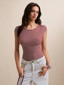 Poéselle 女士条纹罗纹针织T恤，红白条纹，Y2K时尚，休闲沙滩装，条纹圆领短袖修身休闲百搭T恤 - 彩色 - 查看 8