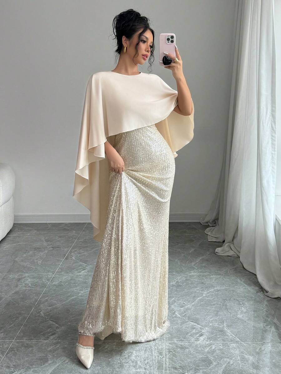 Selianne Váy Maxi dài chấm bi đuôi cá đính sequin thanh lịch và lãng mạn dành cho nữ dự tiệc ngày lễ - Màu be - Xem 1