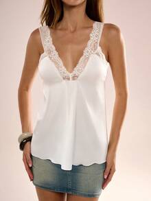 Avenya Women's Solid Color V-Neck Lace Trim Camisole - White - View 2