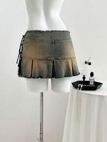 Elamini 女士复古毛边镂空系带牛仔迷你裙，街头时尚 - 霧霾藍 - 查看 2