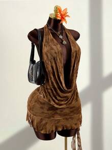 Zestiva Women's Sexy Backless Halter Tie Neck Asymmetrical Hem Leopard Print Mesh Flocked Beach Cover Up Mini Dress, Suitable For Summer Vacation - Khaki - View 7