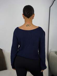 SAYEHFBABY Pullover Slanted Shoulder Ribbed Women's Sweater,Long Sleeve Tops,Off The Shoulder Sweater In Fall/Winter - Royal Blue - View 2