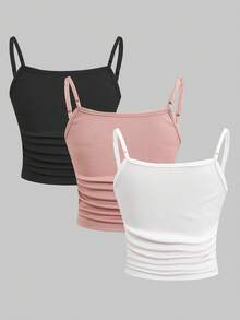 SHEIN 少女纯色罗纹褶皱休闲吊带背心 - 彩色 - 查看 3