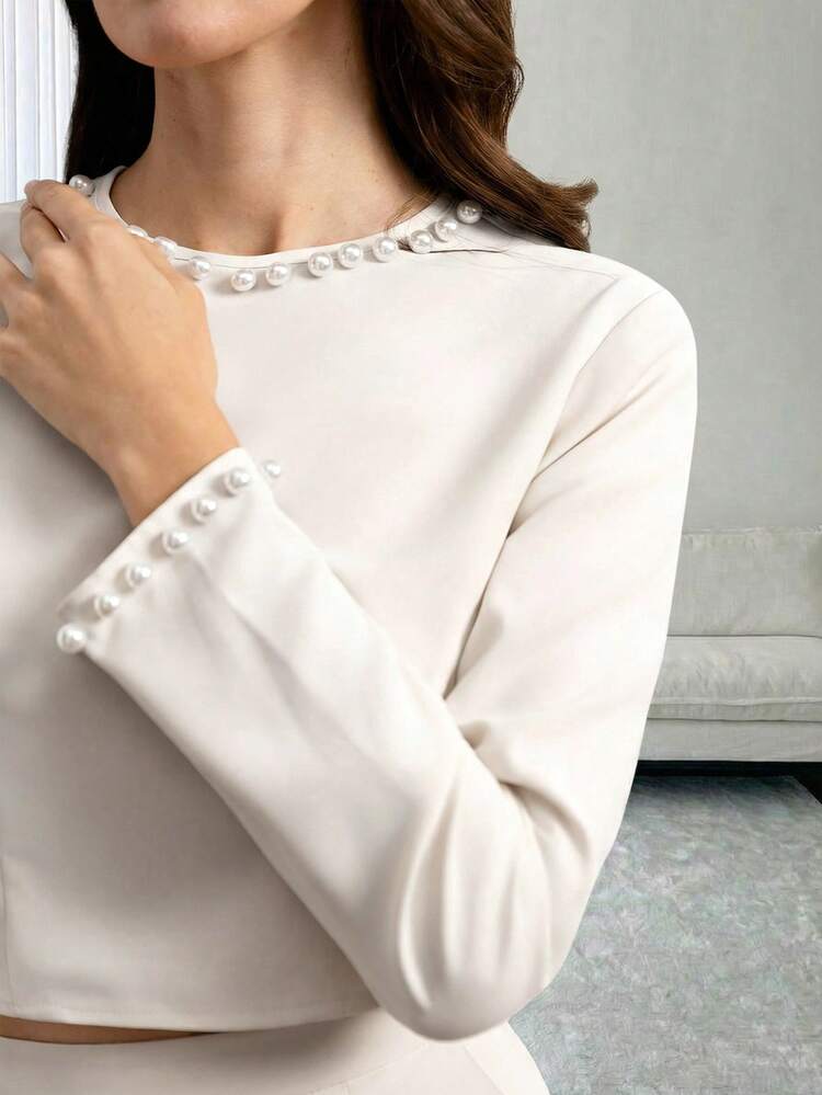 Women's Elegant Commuter Beaded Decor Top And Pants 2 Pieces Set