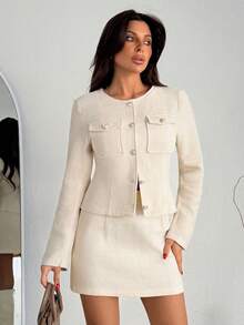 EURMUSE Women's Tweed Two Pieces Set – Button Front Crop Jacket And High Waist Mini Skirt, Chic Casual Co-Ord Outfit - White - View 2