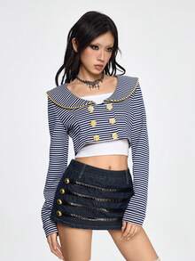 ROMWE Grunge Punk Retro Nautical Navy Blue & White Striped Open Front Short Lightweight Jacket - Blue and White - View 3