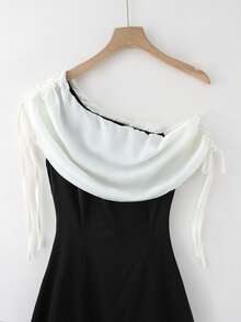 GlowEve Đầm chữ A cổ bẻ màu đen trắng cho nữ, kiểu dáng xòe, vai lệch, eo, thích hợp dự tiệc hoặc mặc hàng ngày, thích hợp cho nữ lớn tuổi. - Đen và trắng - Xem 4