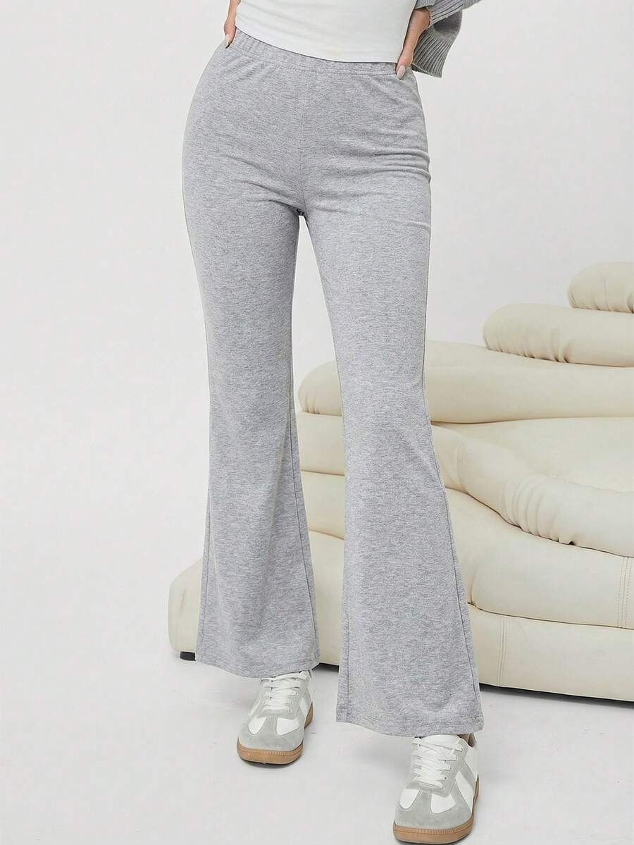 SHEIN EZwear Quần ống loe dệt kim thường ngày dành cho nữ - Xám - Xem 1