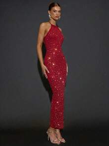 SHEIN BAE Elegant Dark Red Backless Long Bodycon Dress With Rhinestone Decor,Summer Party,Formal Occasions,Cocktail Party,Nightclub,Wedding Bridesmaid - Red - View 4