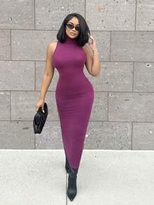 Alexandranx 极简主义通勤年轻街头风格灰色高领翻领无袖紧身 H 型下摆超长毛衣连衣裙女 - 紫色 - 查看 5