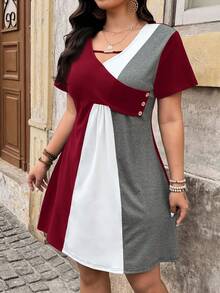 SHEIN LUNE Plus Size Women's Contrast Color Button Design Short Sleeve Casual Dress Block Patch Work Summer Curve Patchwork Dresses - Burgundy - View 3