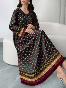 SHEIN Najma Đầm dài tay cổ chữ V kiểu Ả Rập thanh lịch, in họa tiết hoa và hoa văn kỹ thuật số, thích hợp cho mùa xuân/hè. - Nhiều màu - Xem 4