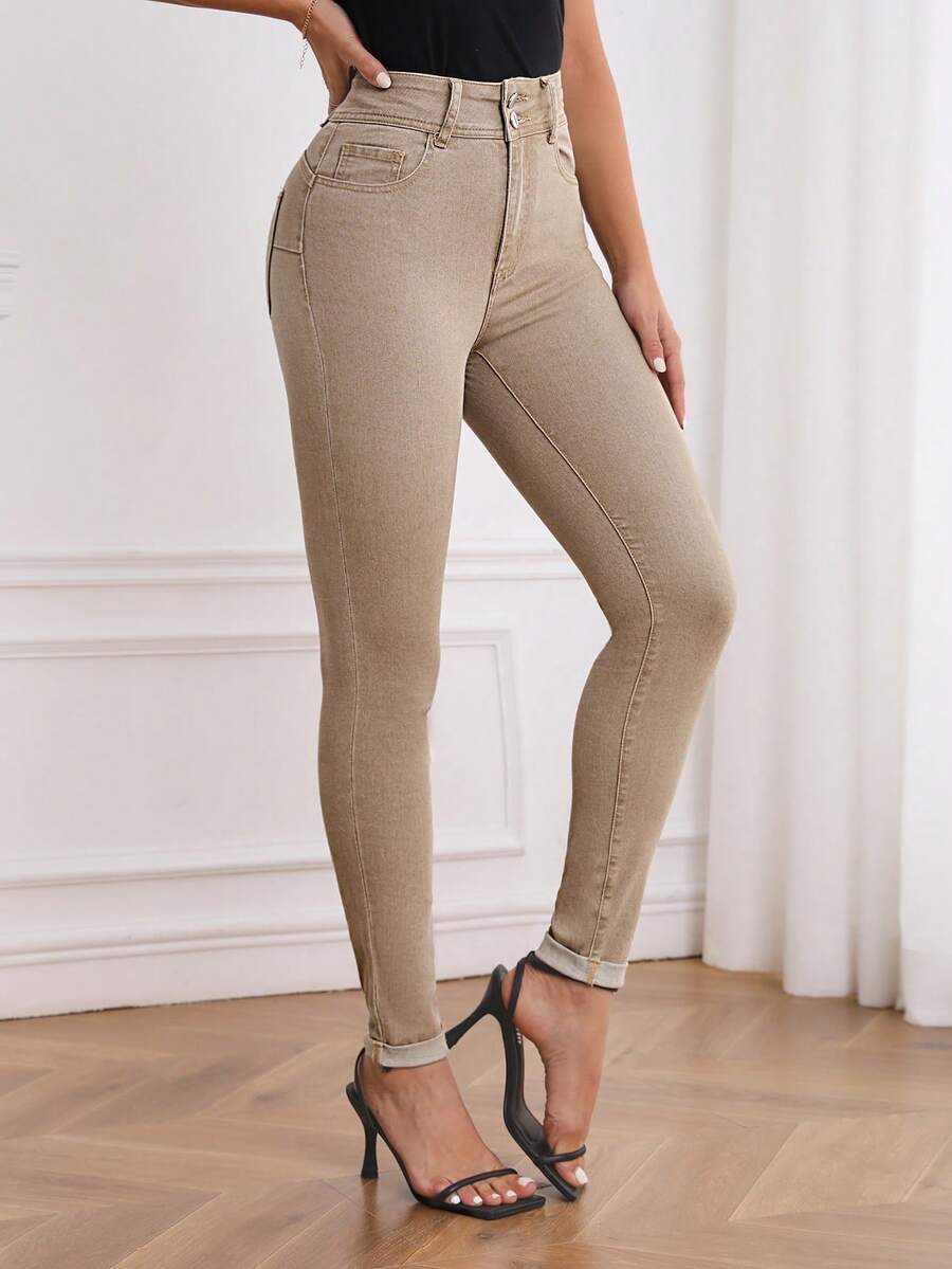 SHEIN PETITE Quần jeans nữ cạp cao, có túi, dáng ôm, thoải mái, đa năng. - Màu Khaki - Xem 1