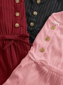 女婴休闲纯色针织吊带背心和短裤连体衣三件套 - 彩色 - 查看 8