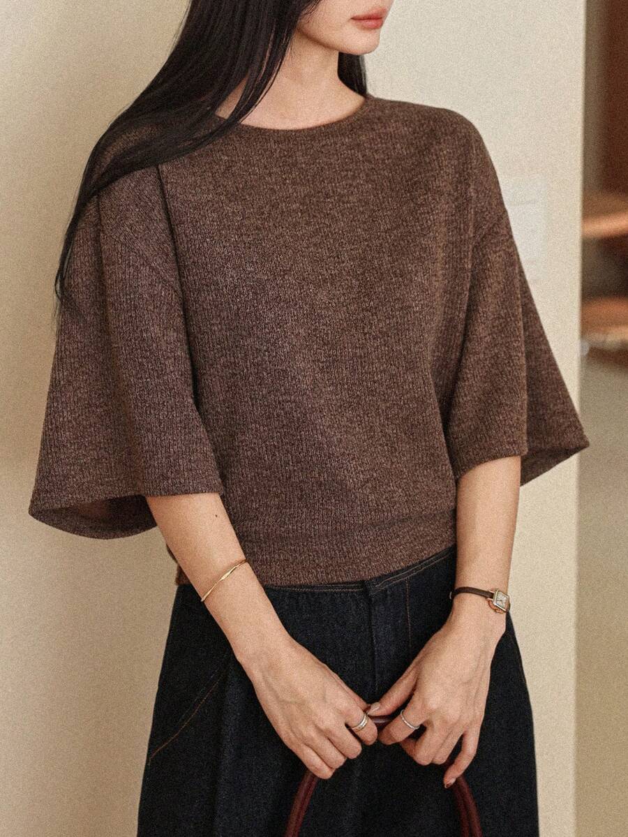 DAZY 女士纯色圆领宽松休闲百搭T恤 - 棕色 - 查看 1