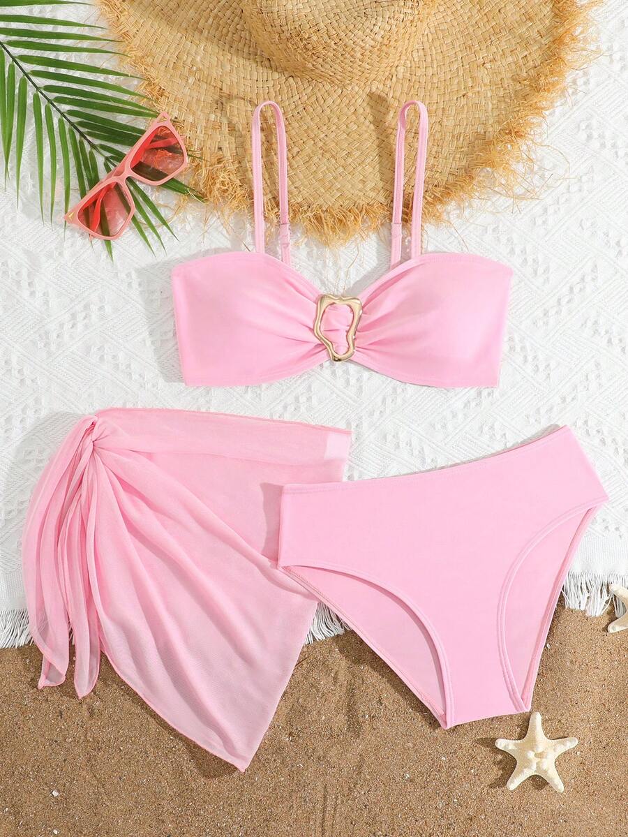 SHEIN Teen Girls Bikini Sets,Pink Mesh Knitted Strapless Top,3 Piece Bathing Suit With Sarong Skirt Triangle Pants,Elegant Summer Beach Vacation Holiday - Pink - View 1
