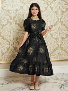 SHEIN ChillGRL 少女度假海滩乡村热带夏季树叶碎花方领泡泡袖腰带连衣裙