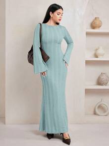 Veilorie 优雅针织提花喇叭袖女式连衣裙 - 藍色 - 查看 6