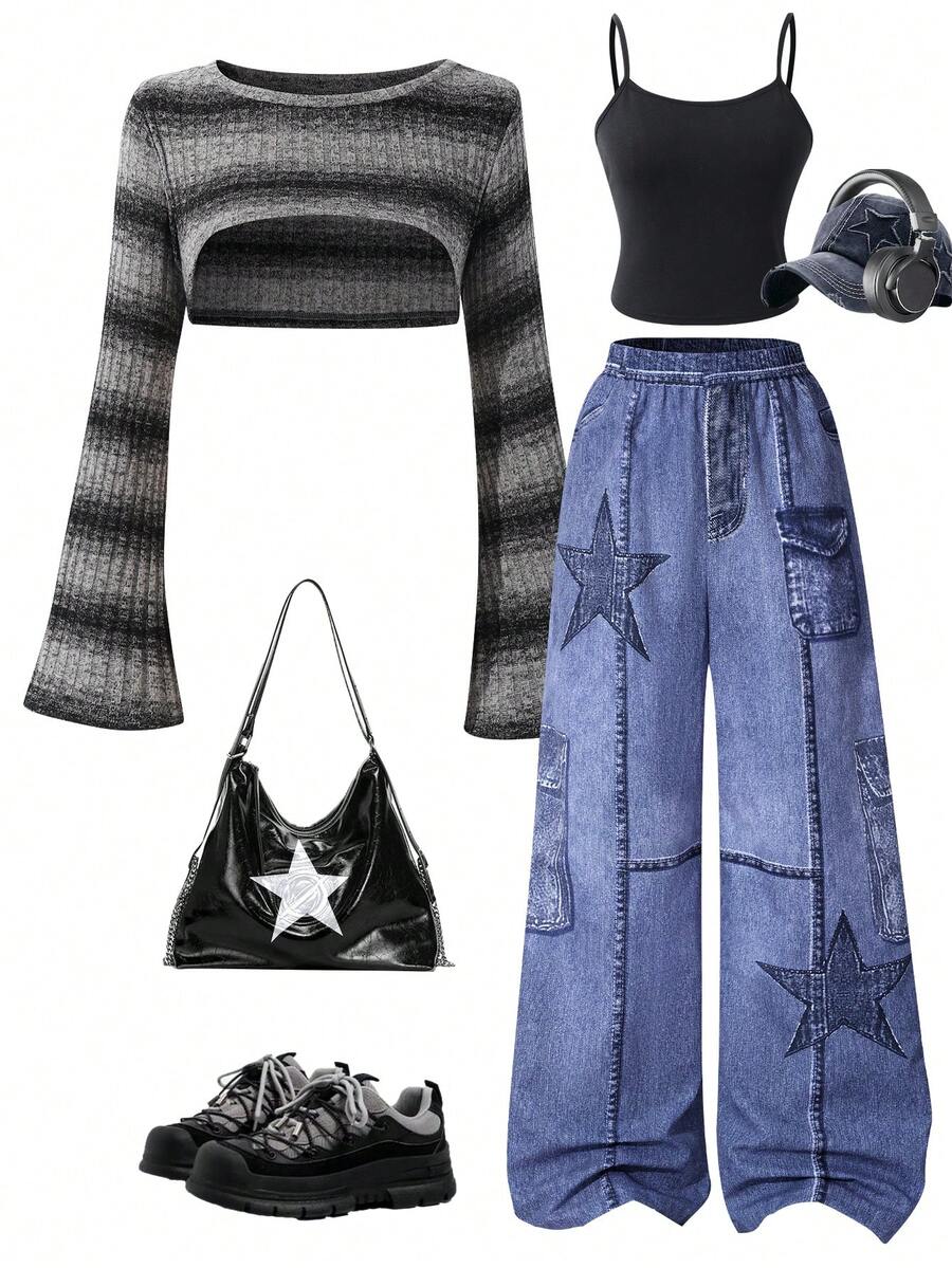 3pcs/Set Teenage Girls Ombre Striped Flare Sleeve Cover Up, Solid Color Camisole, And Distressed Star Print Wide Leg Jeans Pants, Retro Chic Street Style - Blue - View 1