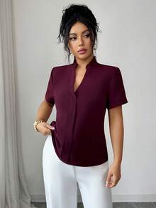 Elenzga Blusa minimalista de mujer de unicolor, de manga corta, cuello alto y hombros regulares - Burdeos - Ver 4