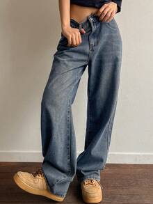 DAZY Loose Long Vintage Washed Blue Wide Leg Jeans For Women - Blue - View 1