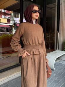 DAZY Women's Elegant Textured Shirt And Wide Leg Pants 2 Pieces Set, Spring/Summer - Coffee Brown - View 3