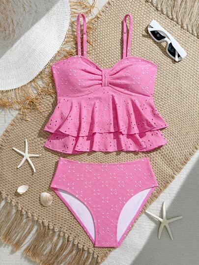 SHEIN 少女纯色镂空荷叶边吊带泳衣，时尚优雅，适合游泳、夏季度假、海滩、泳池、节日派对等场合