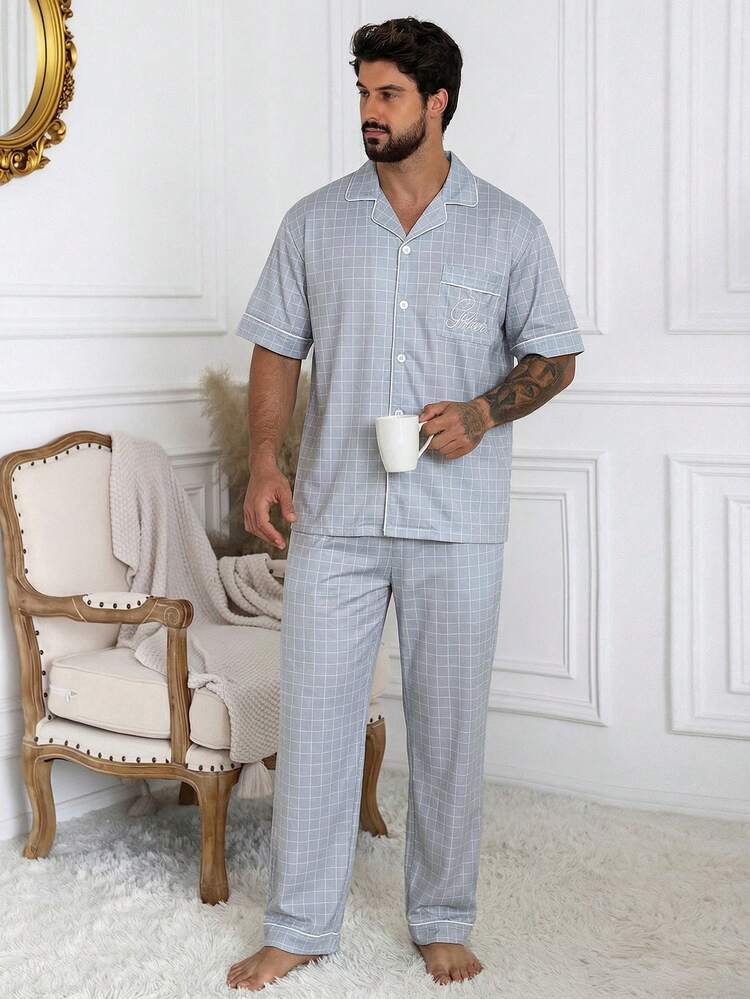 Men's Short Sleeve Shirt And Pants Pajama Set, Summer