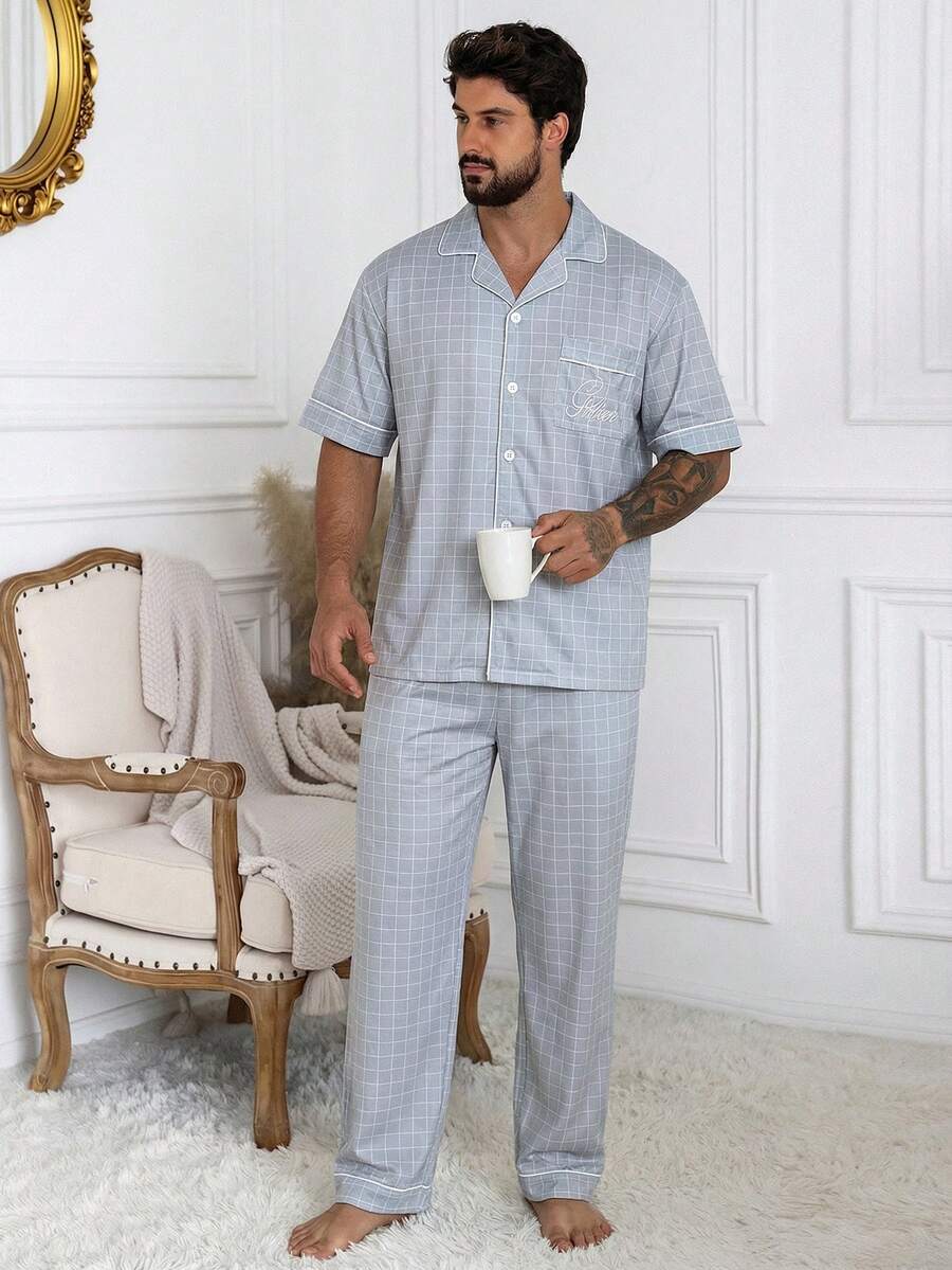 DAZY 男士短袖衬衫和裤子睡衣套装，夏季 - 藍色 - 查看 1