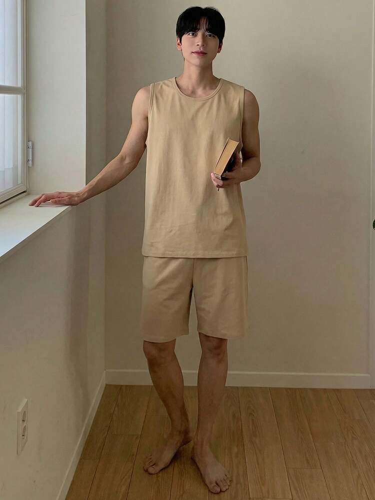 Camel Color Vest And Shorts Men's Pajama Set, Summer