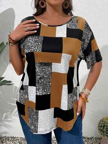 EMERY ROSE Plus Size Women Geometric Print Round Neck Casual Loose T-Shirt - Mocha Brown - View 3
