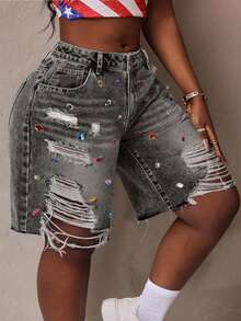 SHEIN CURVE+ Plus Size Casual Washed Distressed Rhinestone Decor Denim Shorts - Grey - View 4