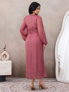 Modelyn 大码女士优雅法式浪漫方领收腰长袖连衣裙 - 粉色 - 查看 4