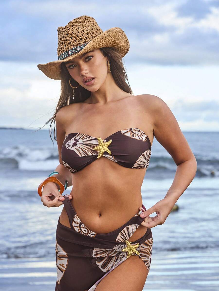 Swim Vcay 3pcs Women Boho Shell Metal Buckle Swimsuit Set With Cover-Up, Brown - Brown - View 1