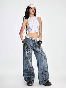 ROMWE Grunge Punk Nautical Punk Ocean Element Print Loose Wide-Leg Jeans