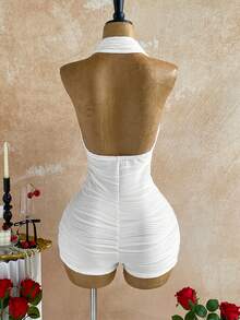 Soleia 新款深棕色针织连体衣，深V领金属装饰，适合派对、万圣节、新年、音乐节、舞会、返校季等场合。 - 白色 - 查看 2