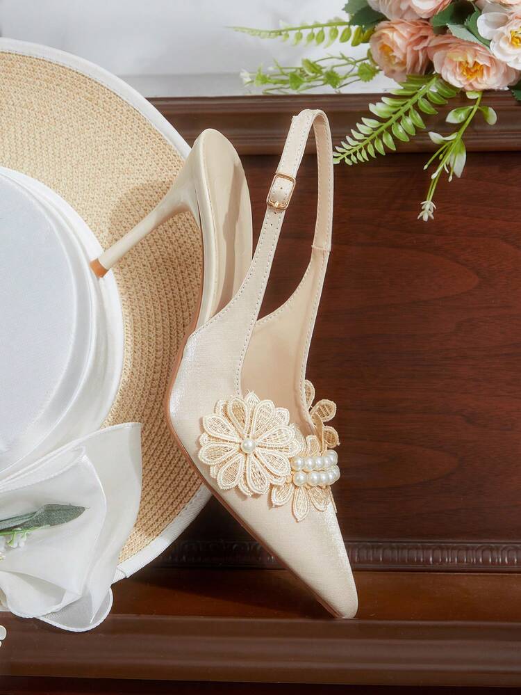 CUCCOO HITCHD Women Shoes Pointed Stiletto Apricot Pearl Lace Flower Slingback Women's High Heel Shoes Wedding Dinner Party Women's Shoes Slingback Shoes Wedding Shoes Spring Shoes Bride Shoes
