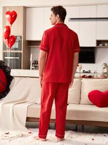 CoupledUp Contrast Trim Lapel Short Sleeve Pajama Set For Men - Red - View 3