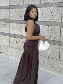 Alexandranx Đầm chữ A hở lưng cổ chữ V sâu thanh lịch lãng mạn gợi cảm dự tiệc - W - màu nâu - Xem 5