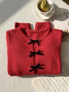 SHEIN EZwear Plus Size Women Butterfly Decor Hollow Design Long Sleeve Fashionable Pullover Sweater In Fall/Winter - Red - View 4
