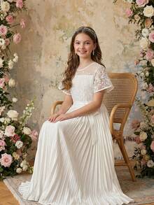 少女优雅蕾丝拼接喇叭裤，伴娘婚礼季连体裤 - 白色 - 查看 3