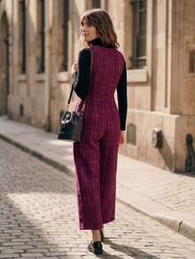 SHEIN LUNE Mono elegante de pana rojo vino con cuello en V sin mangas y ajustado a la cintura para mujer - Burdeos - Ver 2