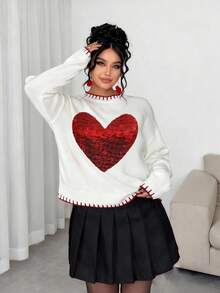 Elenzga Women's Red And White Elegant Fashion Cute Bow Tie Long Sleeve Loose Plus Size Sweater,Autumn Valentine's Day Jumper For Woman Everyday Sweater Tops - White - View 4