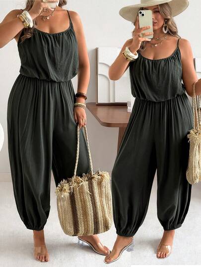 Ceyna Plus Size Solid Color Elegant Casual Pleated Lantern Leg Wide Leg Jumpsuit