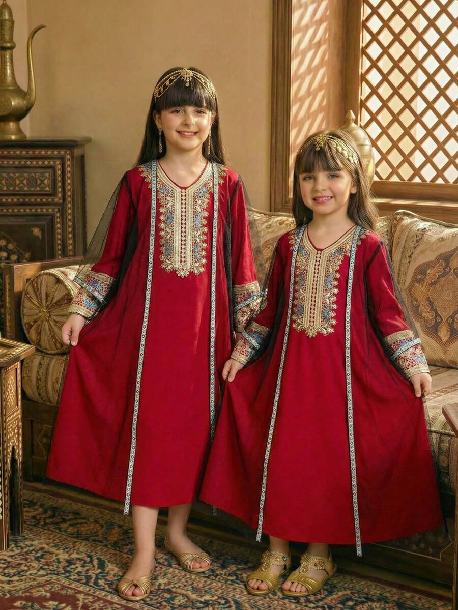 Tween Girls 2pcs/Set Metallic Embroidered Collar Dress & Black Mesh Floral Jacket,Dark Red,Autumn,Muslim,Wedding Guest - Burgundy - View 1