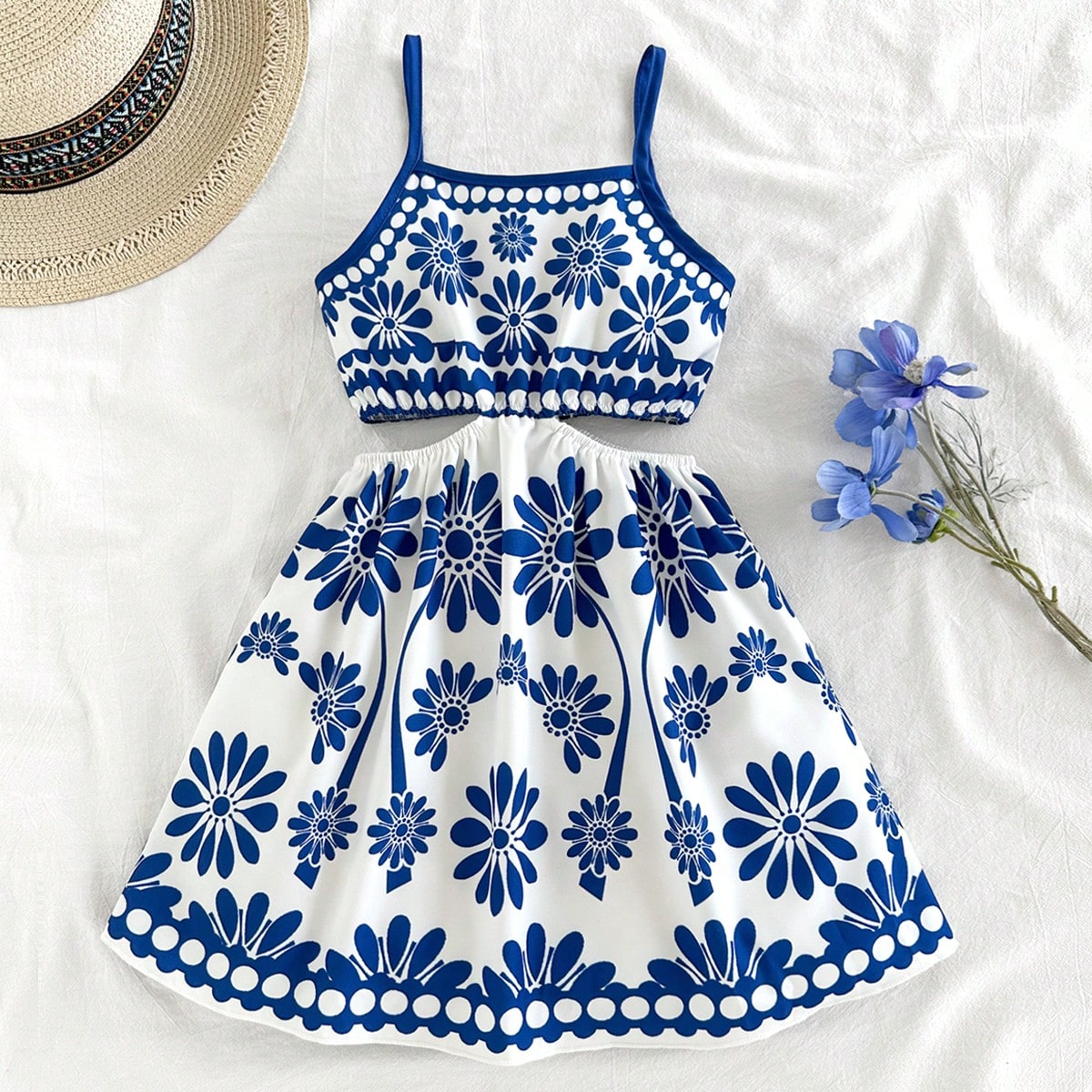 Vestido de niña joven con estampado floral vintage, con abertura en la cintura y tirantes, estilo casual y de vacaciones, adecuado para primavera/ver