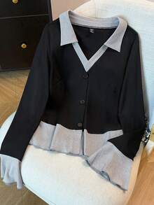 GlowEve CURVE Women's Plus Size Color Block Knit T-Shirt,Black,Autumn,Smart Casual,Everyday Fashion Turndown Collar Raglan Sleeve Loose Casual Daily Comfortable - Multicolor - View 8