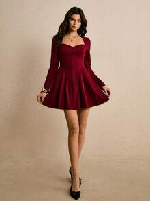 Poéselle Women's Elegant Solid Color Sweetheart Collar Mini Dress Valentine's Day Outfit Women's New Arrivals For New Year & Spring Wine Dress Red Dress Women Elegant Women Mini Dresses Pleated Dress - Burgundy - View 3