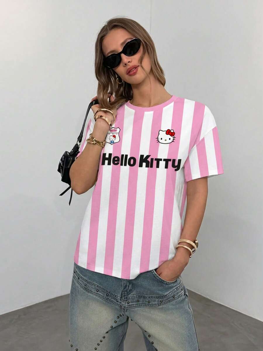 HELLO KITTY AND FRIENDS | SHEIN 女士字母条纹印花圆领短袖T恤 - 白色 - 查看 1